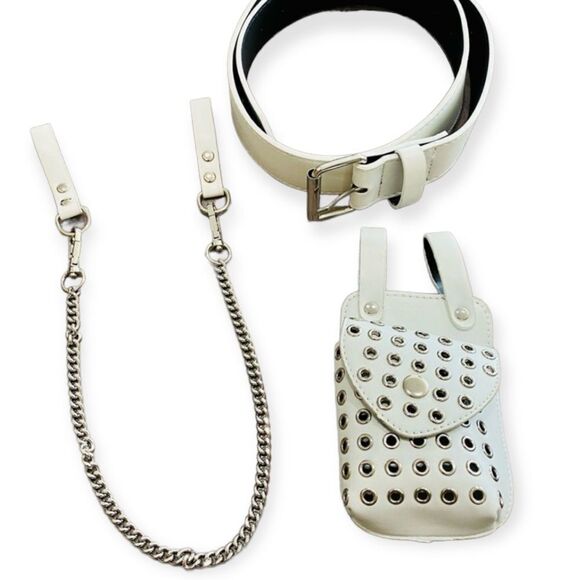White Studded Mini Bag & Chain Belt - Gothic Y2K Streetwear Utility Pouch NWT main image 2